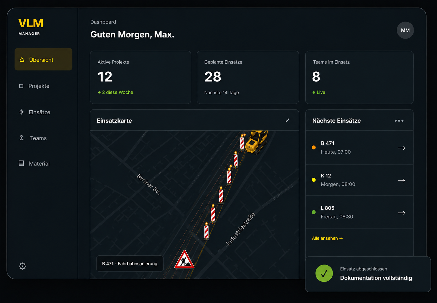 VLM Manager Dashboard mit deutscher Baustellensicherung entlang einer Straße
